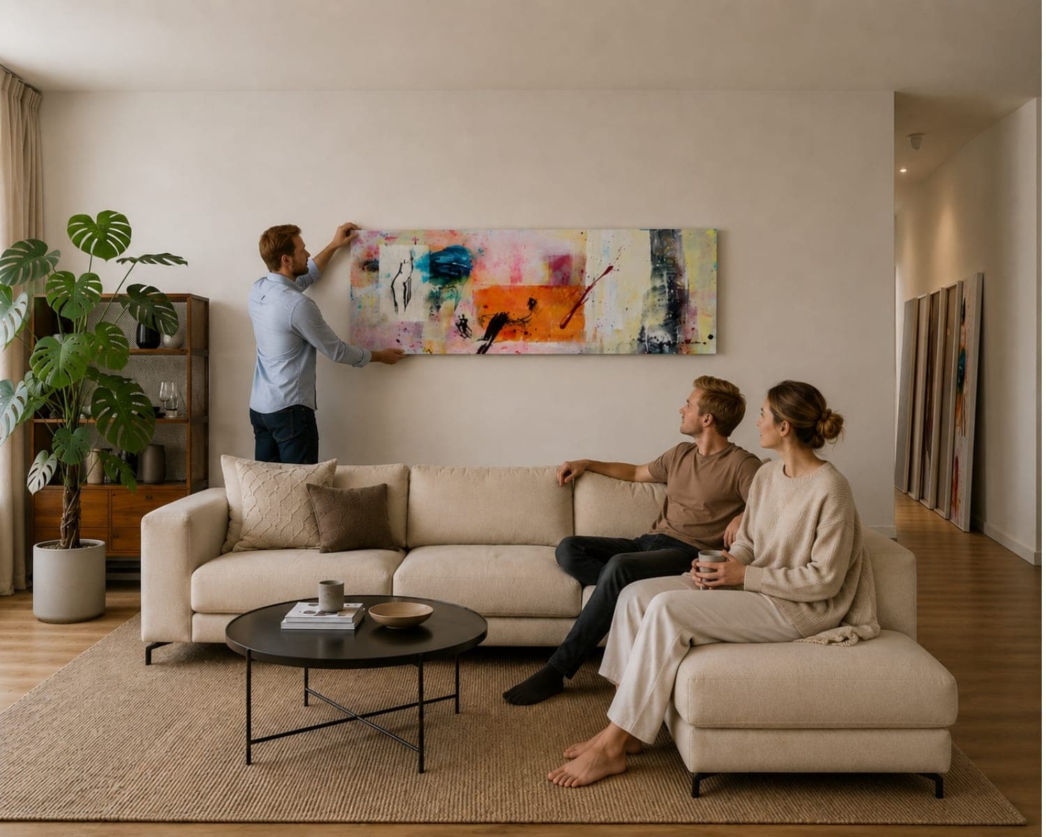 Kunstwerk wordt opgehangen, stel kijkt toe